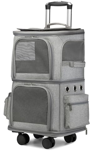 Kattvagn med Hjul för 2 Katter Teleskopiskt Handtag Stort och Andningsbart, Perfekt för Resor, Vandring och Utomhus(Gray)