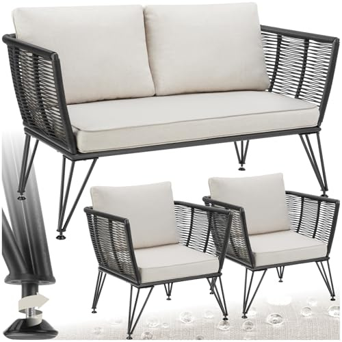 tectake® Set Lounge da Giardino, Polyrattan Resistente, Divano da Giardino e 2 Poltrone Design Elegante, Cuscini Extra Spessi, Ideale per Salotto da Esterno, Arredo Giardino Moderno - Antracite