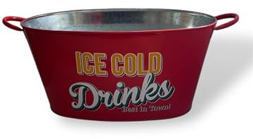 Retro Large Ice Cold Drinks Metal Bucket, Oval Party Beverage Tub with Handles, Available in Yellow, Red, Green, Natural Colors (Red)