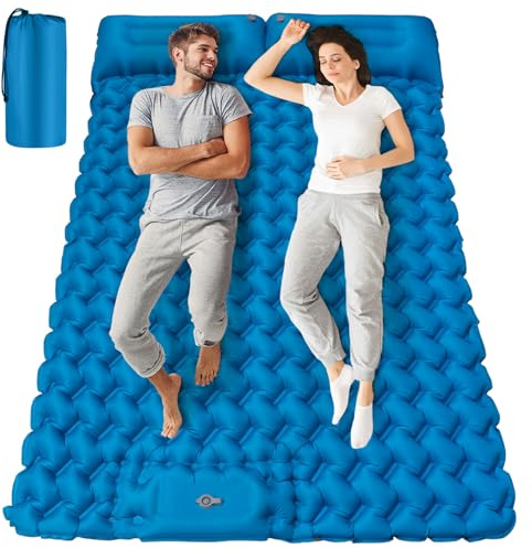 Double Camping Sleeping Pad, 4 Extra Thick 2 Person Inflatable Sleeping Pad with Built-in Foot Pump & Pillow, Ultralight Self Inflating Camping Mattress for Tent, Backpacking, Hiking, Travel, RV