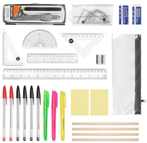 Back to School Stationery Set, 25PCS Exam Stationery Set, Mathematical Kit, Protractor and Compass Set, Pencil Case with Stationery Included, Geometry Sets, Complete School Supplies
