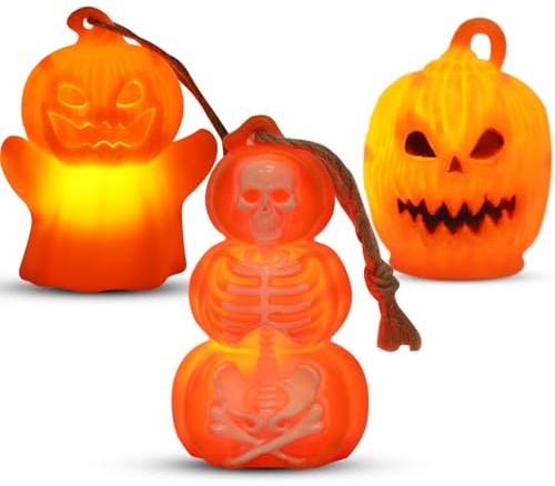 Zucca Halloween Luminosa, 3 Pezzi Lampada Scheletro Fantasma di Zucca di Halloween, Alimentata a Batteria, Appendibile, Utilizzabile per Tavoli, Feste, Giardini e per Uso Interno Ed Esterno