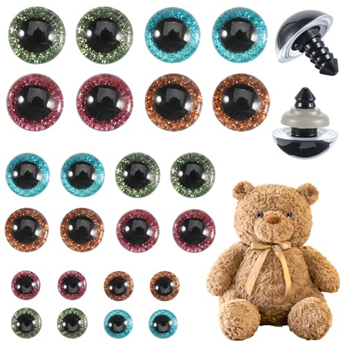 Nogeqi 48 stycken säkerhetsögon för virkade djur 14–18 mm Stora säkerhetsögon för virkning Glitzer ögon i plast Med underlägg Björn (4 färger)