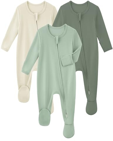 Yoofoss Rayon Made From Bamboo Baby Pajamas 3pcs Newborn Sleepers For Boy Girl Clothes, Preemie Footed Pajamas Zipper Baby Pjs with Mitten,Sage&green&beige