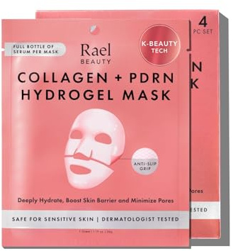 Rael Beauty Collagen + PDRN Face Masks - Korean Skincare for Glass Skin, Smoothing, Salmon PDRN & Hydrolyzed Collagen & Hyaluronic Acid, Anti-Slip Grip, Fragrance & PEGs & Cruelty Free (4 Sheets)
