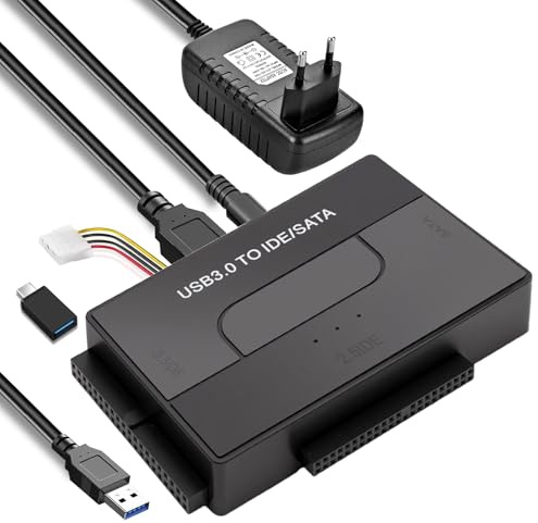 Adattatore USB 3.2 a IDE SATA, Convertitore per Hard Disk HDD SSD 2,5” 3,5”, IDE SATA a USB 6 Gbps, con Alimentatore 12V, Compatibile Windows Mac Linux
