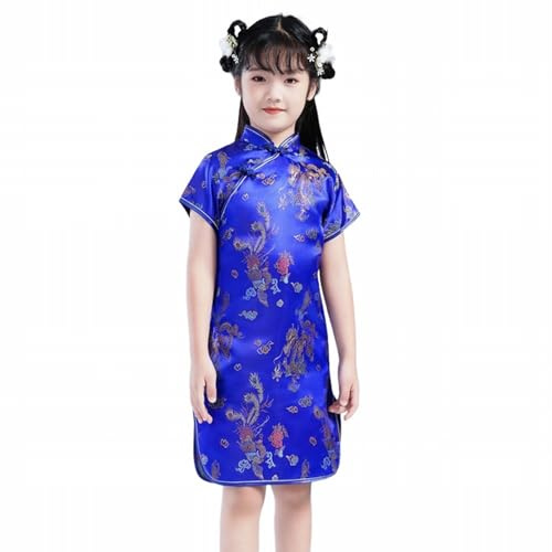 Mjjsk Robe Qipao chinoise à manches courtes Cheongsam pour enfants, fête d'anniversaire, Nouvel An, tenues traditionnelles chinoises mignonnes, bleu, 11-12 ans