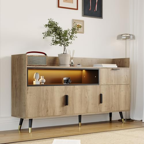 YuQozii Aparador minimalista moderno – estantes abiertos, cajones prácticos, puertas batientes a ambos lados, rieles silenciosos y marco de madera resistente