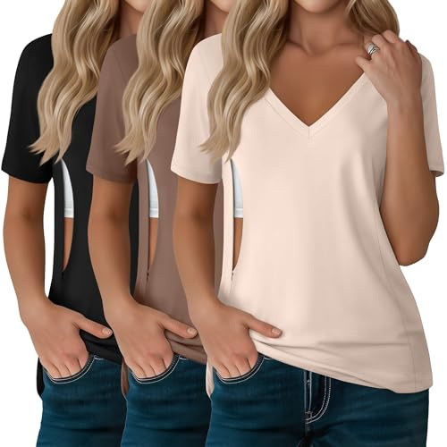 Xuniea Lot de 3 Hauts D’Allaitement pour Femmes, T-Shirts D’Allaitement à Fermeture Éclair Cachée pour Allaiter et Tirer Le Lait, Col V Manches Courtes(L,Noir, Café, Crème)