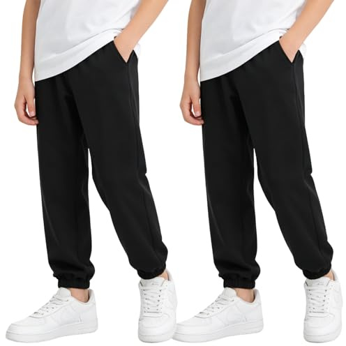 BBXWANG 2 Pairs Boys Joggers, Black Joggers Boys Tracksuit Bottoms Cuffed Pants for Kids Sports Activewear, Age 3-13 Years (UK, Age, 10 Years, 11 Years, Regular, Black)