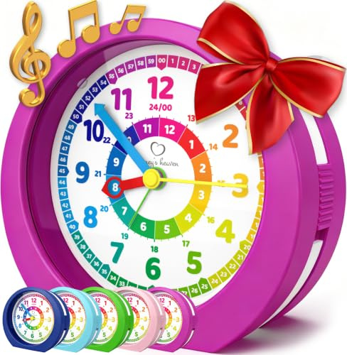 Honey's Heaven Kinderwecker ohne Ticken - für Jungen und Mädchen - Lernwecker Lernuhr Weckuhr Kinderuhr Quarzwecker Snooze Analog Quartz Wecker (Violett)
