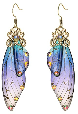 Clearine Boucles d'oreilles Suspendues Papillon Ailes Goutte Cristal libellule Insecte Quotidien Été Irisé Bleu Ton Antique Or