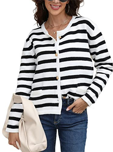 HEYPORK Damen Herbst Winter Warm Bequem Jacke Casual Mode übergangsjacke Mantel Frauen Loose Knitted Sweater Rundhals Gestreifte Strickjacke Pullover(Weiß, S)