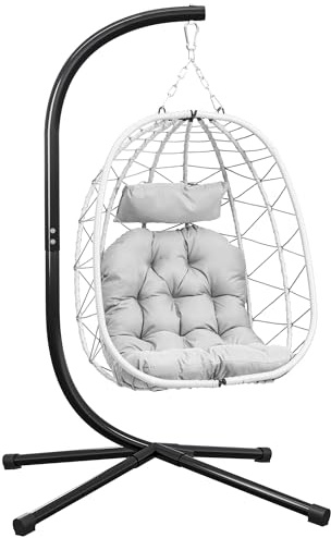 YITAHOME Hanging Egg Chair with Stand Swing Chair Wicker Indoor Outdoor Hammock Egg Chair with Cushions 330lbs for Patio, Bedroom, Garden and Balcony, Single, Light Gray