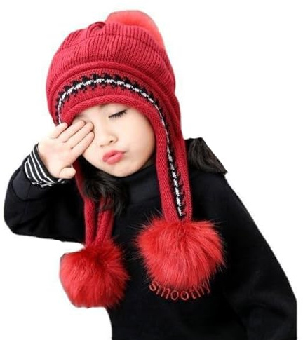LJRPUPY Bonnet d'hiver péruvien avec cache-oreilles épais, bonnets de ski en tricot doublé en polaire pour filles de 3 à 12 ans, Rouge, Taille unique