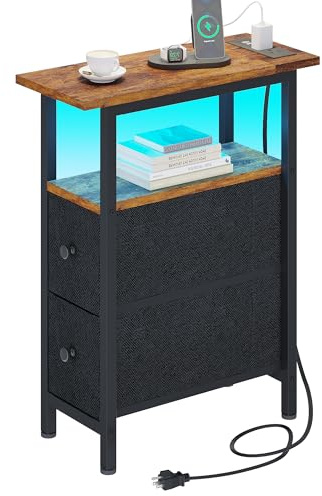 TRIFEBLE End Table with Charging Station, Narrow Side Table with 2 Fabric Drawers, Skinny Nightstand with LED Light, Slim Bedside Table for Bedroom, Living Room, Small Spaces, Rustic Brown and Black