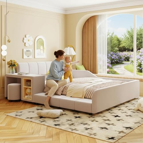 Upholstered Grounded Bed, Full Size Mother & Child Bed with Bedside Desk and Little Round Stool, Velvet Fabric, No Box Spring Needed (Beige, Full)