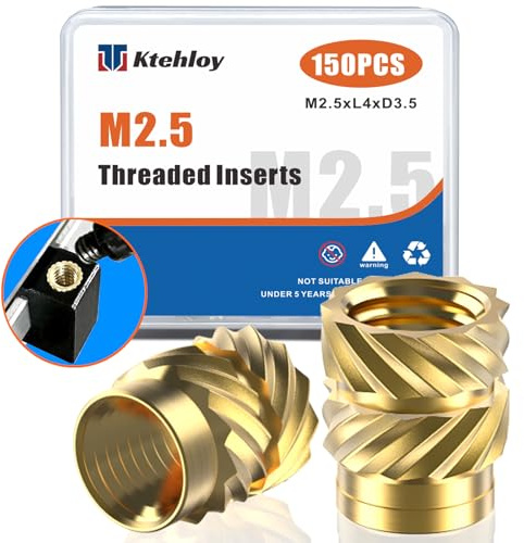 Ktehloy 150Pcs M2.5 Threaded Inserts, Metric knurled Nuts Brass Heat Set Insert for Plastic Parts,Insert by Heat into 3D Printing Components(M2.5xL4xD3.5)