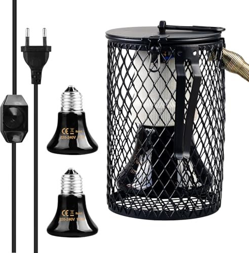 Reptilien Wärmelampe mit Schutzkorb, Reptilien Wärmelampe Schutzkorb, Reptilien Keramik-Heizlampe mit Schutz, Lampenschutzkorb mit E27 Fassung für Terrarien Lampen schützt Reptilien vor Verbrennungen