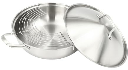 Fyssnn 26cm/30cm/32cm 304 Stainless Steel Wok Non Stick Hot Pot with Lid Hot Pot Wok with Lid Induction Suitable for Induction Cooktops Gas Cooktops Ovens etc (32cm)