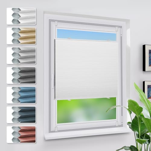 Grandekor Verdunklungsplissee Wabenplissee ohne Bohren Weiß-Weiß 65x130cm (BxH) Klemmfix Plissee ohne Bohren Verdunkelung Thermo Rollo Wärmedämmung, Privatsphäre - & Sonnenschutz