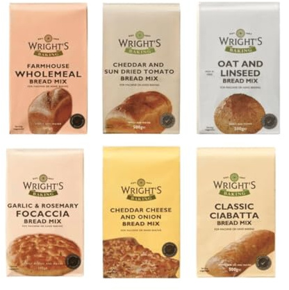 Selection Bread Mix 6 pack – Cheddar & Onion, Sundried Tomato, Oat & Linseed, Garlic & Rosemary Focaccia, Wholemeal mix & Ciabatta – 6X500g – Easy Bread Machine & Hand Baking (NP)