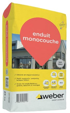 Weber Enduit monocouche de façade extérieur gris perle 25 kg - d’imperméabilisation et décoration façades