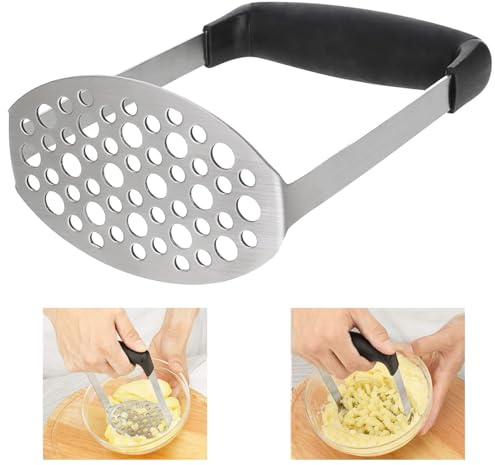 BOBOZHONG Edelstahl Kartoffelstampfer mit rutschfestem Griff – Breiter Kartoffelstampfer für Kartoffelpüree, Babybrei, Obst & Gemüse – Spülmaschinengeeignet, Rostfrei & Leicht zu Reinigen (Schwarz)