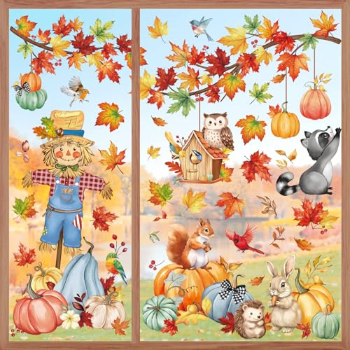 wondever Window Clings Decals Fall Pumpkin Scarecrow Animals Glass Sticker | Thanksgiving Vinyl Static Cling, Anti Collision, Double-Sided, Reusable Removable, Easy to Apply, for Window Glass Door Home