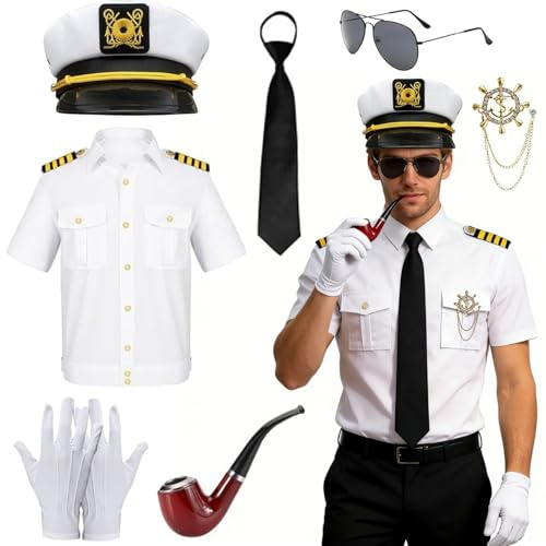 Maazusa 8Pcs Captain Sailor Costume Set for Men, Adult Captain Cap Outfit Accessories, Captain Sailor Dress-up Nautical Party Adult Costume for Halloween Cosplay (White, L)