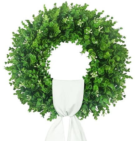 Hecaty Künstlicher Buchsbaum Türkranz 50cm, UV-Beständige Blätter | Weißen Blumenknospen | Satinband, Grüner Frühlings Sommer Ganzjährig Dekokranz für Haustür Fenster Wand Innen Auße