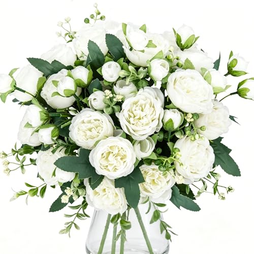 Woltoy Fiori Artificiali 4 Pezzi Fiori Finti Peonia Bianca Artificiali Realistici Per Matrimonio Casa, Festa, Ufficio, Decorazione Da tavolo, Composizioni Floreali Fai Da Te