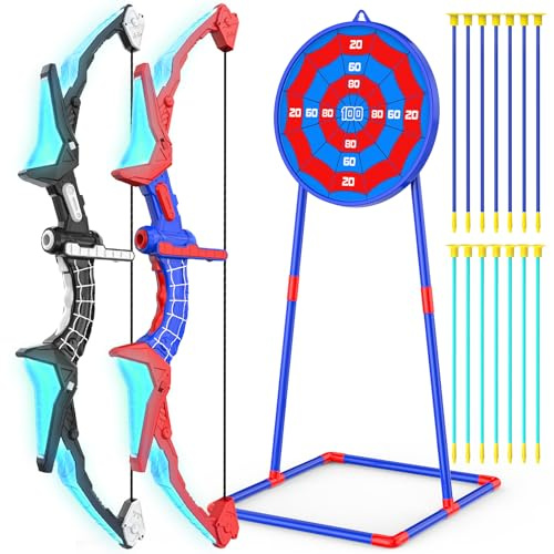 Polkoliye 2 Pack of Kids Bow and Arrow Set, LED Light Up Archery Toy Set with 14 Suction Cup Arrows, Detachable Target, Indoor Outdoor Hunting Play Gift Toys for Kids, Boys & Girls Ages 6-12