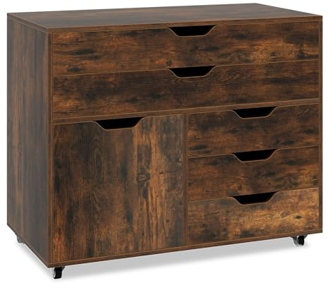 GIANTEX Caisson Bureau, Caisson de Rangement avec 5 Tiroirs & 1 Porte, Rangement Bureau Mobile, 5 Roulettes avec 2 Frein, Support d'Imprimante pour Salon, Salle d’Étude, 77,5 x 40 x 64 cm, Marron