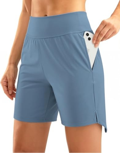 Aseniza Pantaloncini Sportivi da Donna Bermuda a Vita Alta in Misto Cotone con Tasche Ideali per l'Uso Quotidiano Yoga Fitness e Corsa BluGrigio L