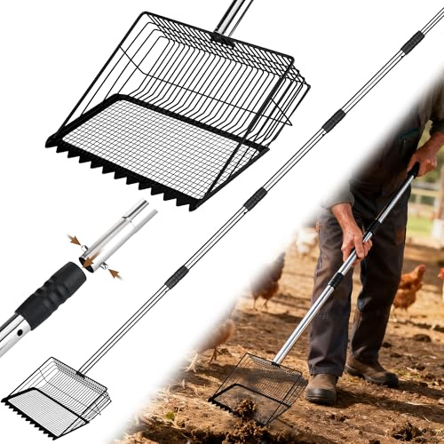 Hahorpa 25cm Large Chicken Poop Scooper Long Handle 60-175cm Adjustable | Chicken Rake with 7mm Fine Mesh, Pooper Scooper Metal for Animals House