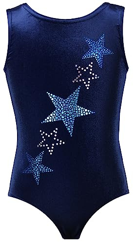 GymStern Gymnastikanzug Turnanzug Sterne Strasssteine Mädchen Kurzarm Kinder Turnbody, Größe:134-140, Farbe:Samt Blau - Türkis