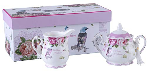 London Boutique Juego de tetera de porcelana, azucarero y jarra de leche crema, Shabby Chic Vintage Floral en caja de regalo (juego de crema y azúcar, pájaro, rosa, mariposa)