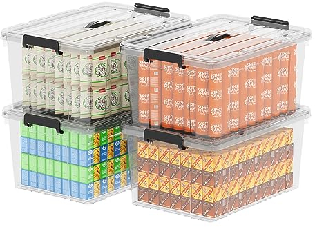 Cetomo 90L*4 Caja de Almacenamiento con Asa, Caja de Plástico con Tapa y Cierre Seguro, Contenedor de Almacenamiento Grande, Duradera, Apilable, Resistentes, Transparente, Paquete de 4 de 90L