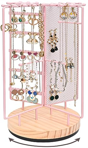 ProCase Soporte para Joyas, Colgador de Pendientes Collares y Pulseras, Expositor de Metal con Base de Madera Agujeros para Pendientes -Rosa