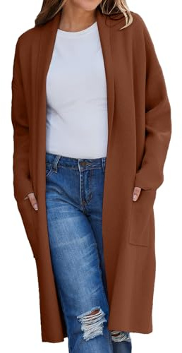 L9WEI Chaqueta para mujer, otoño e invierno, cárdigan largo para mujer, monocolor, frente abierto, de punto, manga larga, abrigo con bolsillos, cálido, marrón, XL