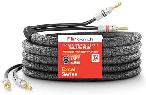 Nakamichi 24K vergoldeter Bananenstecker mit (15 Fuß) Lautsprecherkabel, 99,9% sauerstofffreies Kupfer (OFC), robustes geflochtenes Kabel, Heimkino-Verstärker - Schwarz (12AWG / 15 Fuß / 4,5 Meter)