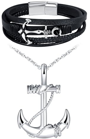 INFINIONLY Moda Collane Ciondolo Creativa di Ancora in Acciaio Inossidabile per Uomo Adolescenti Nero Bracciale in Pelle Nera Intrecciata Multistrato con Ancora per Ragazzi