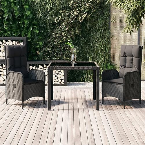 QZZCED Balkonmöbel-Set Terrassengarnitur Gartenmöbel-Sets Garten-Loungemöbel 3-TLG. Garten-Essgruppe mit Kissen Schwarz Poly Rattan für Garten, Terrasse und Balkon