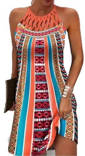 GRMLRPT Abito Donna Estivo Senza Maniche Boho Estate Vestito CortoStile Etnico Elegante Stampato retrò Abiti Collo Halter Tempo Libero Vestito Signore Abiti Spiaggia Donne(Multicolore,L)