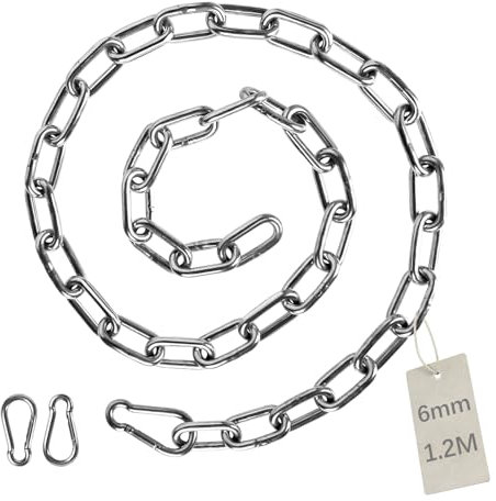 EXLECO 1,2M Edelstahlkette φ6mm Stahlkette Kette Gliederkette Absperrkette Zierkette mit 2 Karabinerhaken Metallkette zum Aufhängen Hundekette Ankerkette Rundgliederkette langgliedrig Max 400KG