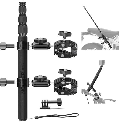 NEEWER Motorcycle Camera Mount Kit, Bicycle Handlebar Invisible Selfie Stick with Dual Ball Heads, Super Clamps, Action Camera Adapter Compatible with GoPro Insta360 DJI AKASO Action Cameras, GP-30