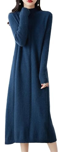 Women's Wool Dress Fall and Winter Half Turtleneck Long Sleeve Slim Hem Cashmere Sweater Knitted Long Skirt
