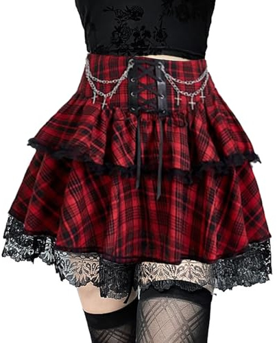 DINGJIUYAN Mini-jupe à 2 couches avec chaînes gothique Y2k jupes à volants plissées Steampunk ourlet en dentelle bandage avant jupe courte, Rouge à carreaux, XL