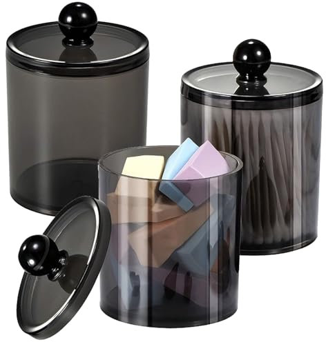 3 Pc Wattestäbchen Halter mit Deckel, Klares Schwarze Kosmetik Organizer, Apothekergläser für Badezimmer,Wattepadspender Behälter für Wattebausch,Runde Wattepads,Zahnseide,Make-Up-Schwämme,Haarspangen